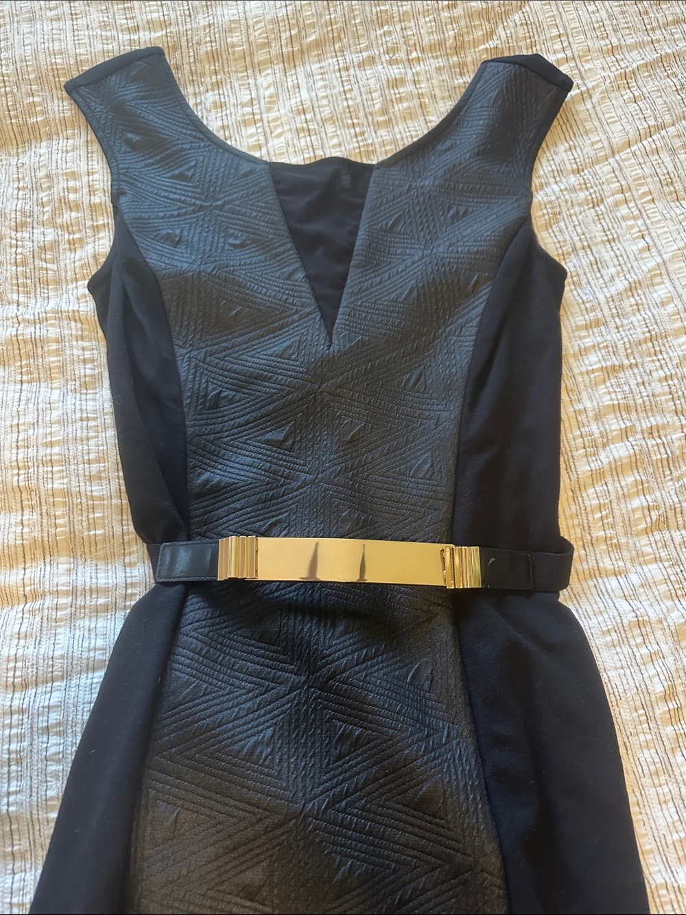 Bebe Black Sleeveless Sheath Dress with Metallic Waist Accent